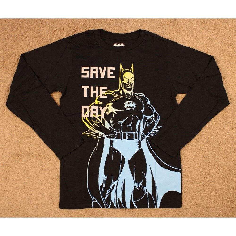 Batman Save the Day Long Sleeve Graphic Tee T-Shirt Boys (Medium) Black NWOT